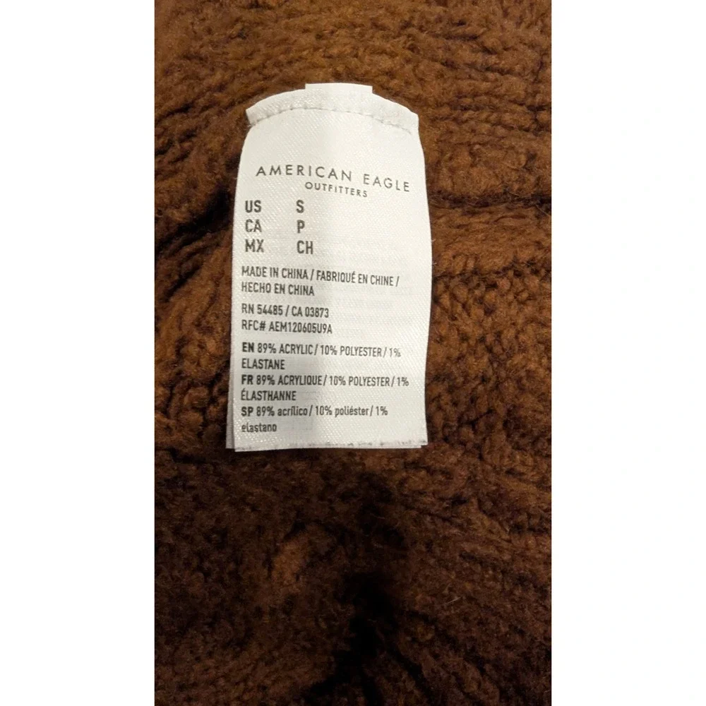 American Eagle Hooded Sweater Small Brown Cable Knit V-Neck Cropped Cozy Fall